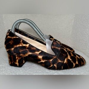 Alex Marie Leopard Calf Hair Block Heel Loafers Real Fur Pointed Toe Pumps 8.5